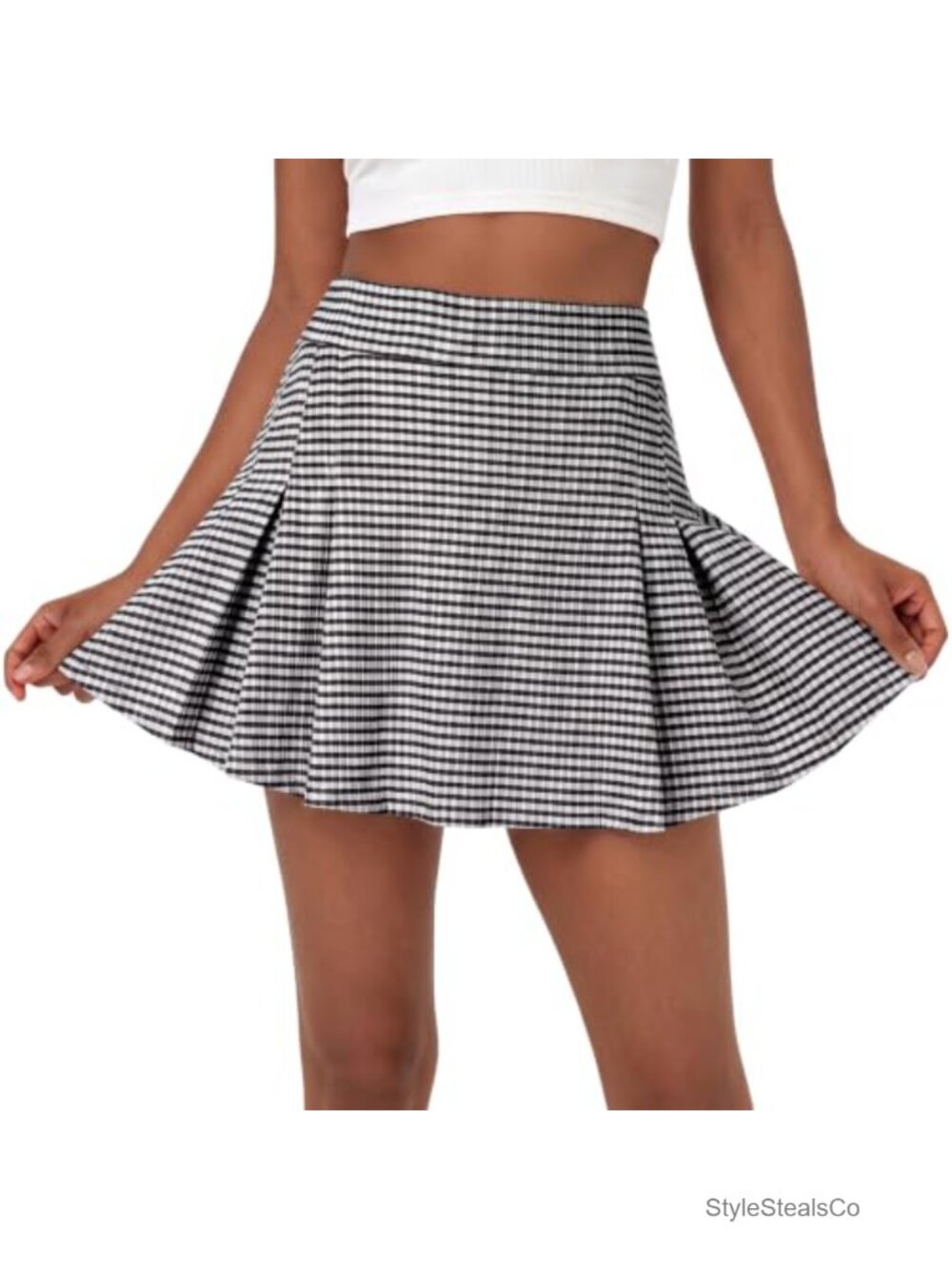 High Waisted Plaid Pleated Mini Skort with Built-in Shorts